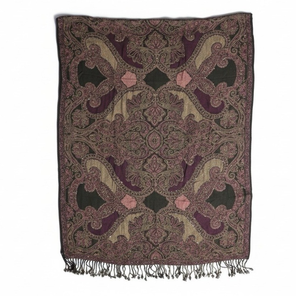 Purple Paisley Sequin Pashmina Shawl Scarf Fringe Wrap Plum Olive Black, Women's